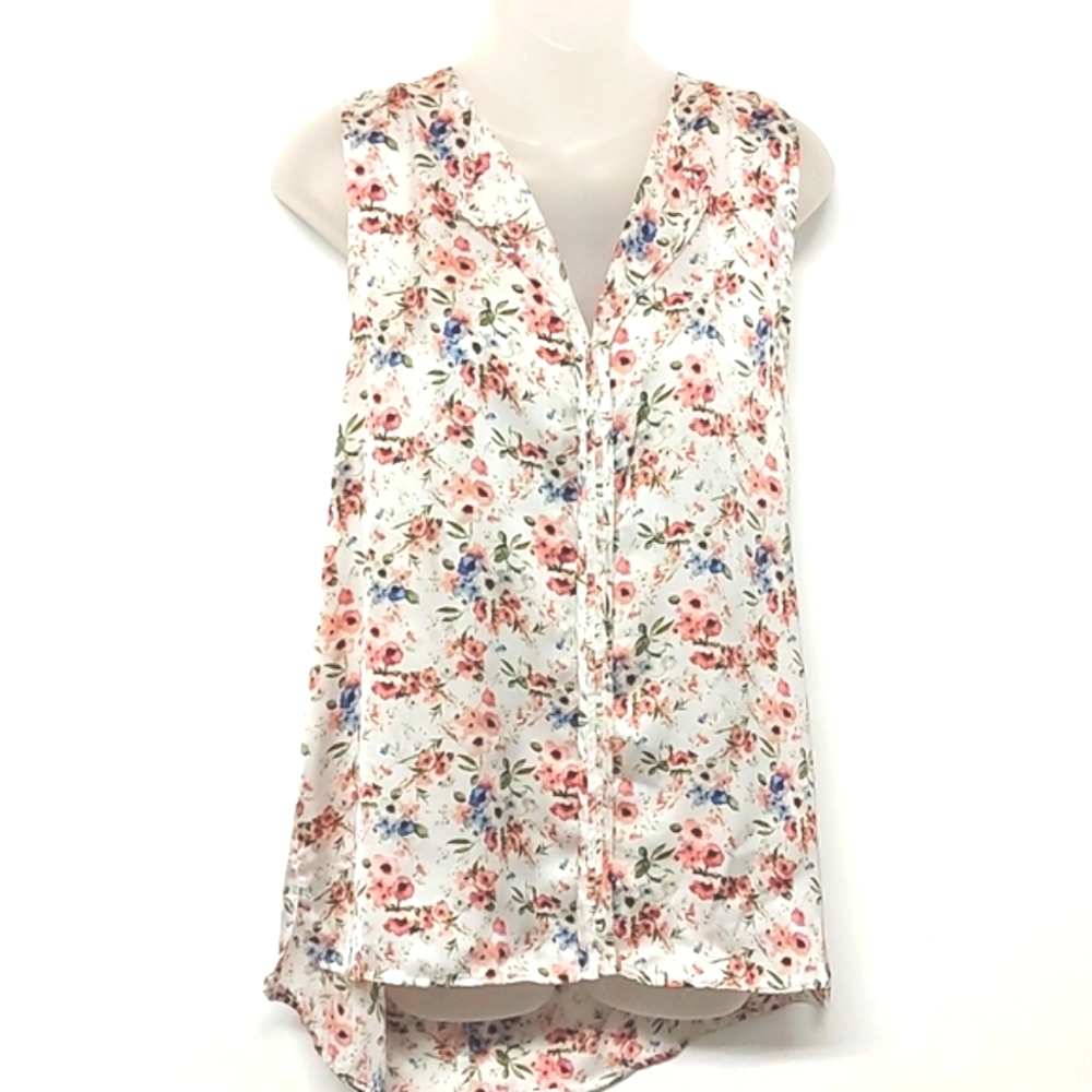 3 for $25- Bobeau Sleeveless Satin Blouse in Blue & Pink Floral Fabric